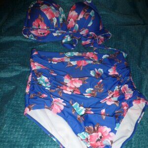 COCOSHIP Retro 50s Blue & Pink Floral High-Waisted Bikini – Size 4X– US 16/18